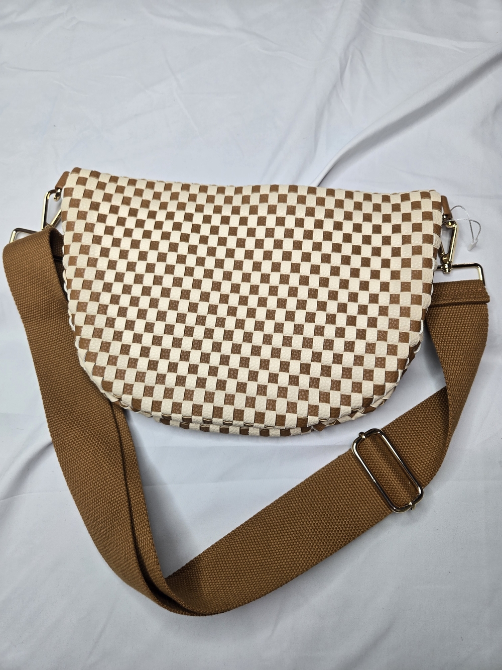 Checkerboard Brown & Cream Crossbody Bag with Wide Strap - Picture 6 of 6